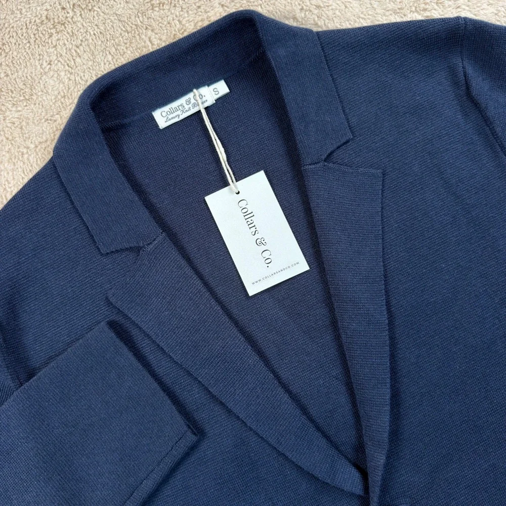 Collars & Co Mens Small Luxury Knit Blazer Navy Blue Merino Wool NWT